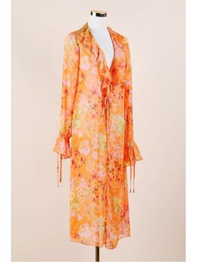 Sz M Wild Fable Sheer Orange Floral Ruffle Duster Maxi Length Coverup Top EUC
